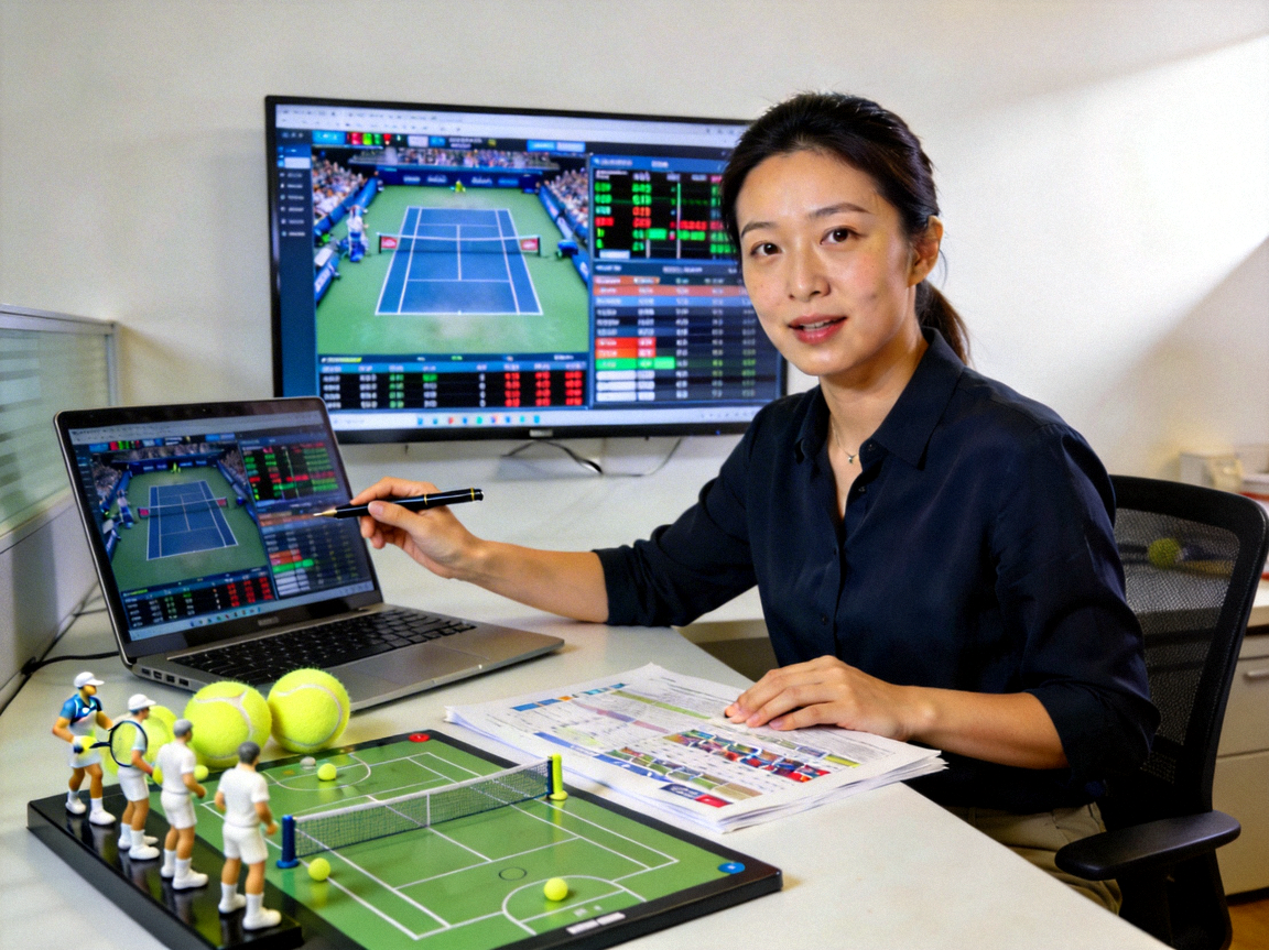 网球赛事分析师王静在分析比赛数据