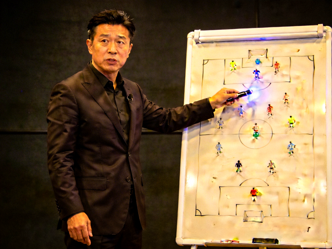 资深足球分析师李伟正在讲解战术板